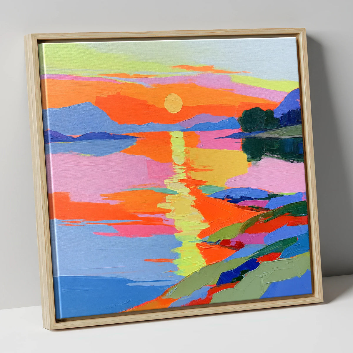 Vivid Sunset Over the Water lake district lake canvas wall art in natural frame