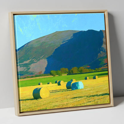 Blencathra Above Sunlit Hay Bales lake district fell canvas wall art in natural frame