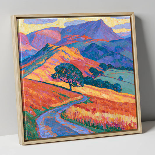 Golden Fell Track and Violet Peaks lake district sky canvas wall art in natural frame
