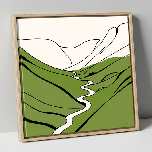 Winding River Through Green Fells lake district valley canvas wall art in natural frame