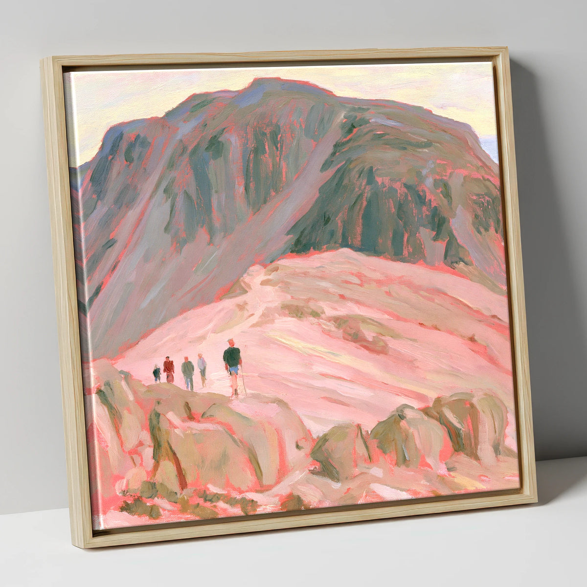 Fell Walkers in Pastel Pink lake district fell canvas wall art in natural frame