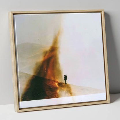 Fell-walker Silhouette in Amber Mist lake district walking canvas wall art in natural frame