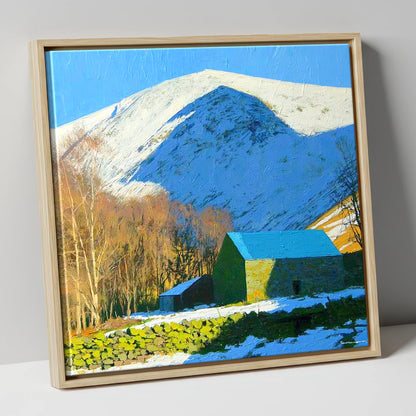 Snowy Bowscale Fell and Stone Barn lake district fell canvas wall art in natural frame