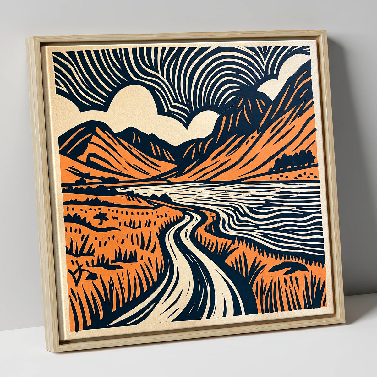 Ennerdale in Navy and Terracotta lake district valley canvas wall art in natural frame