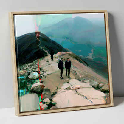 Mountain Hikers on Misty Ridge lake district fell canvas wall art in natural frame