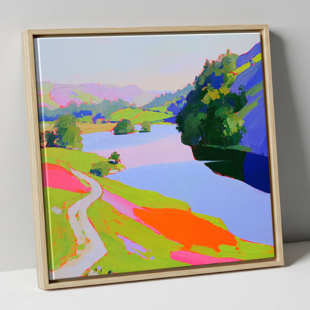 Vibrant Path by Rydal Water lake district lake canvas wall art in natural frame