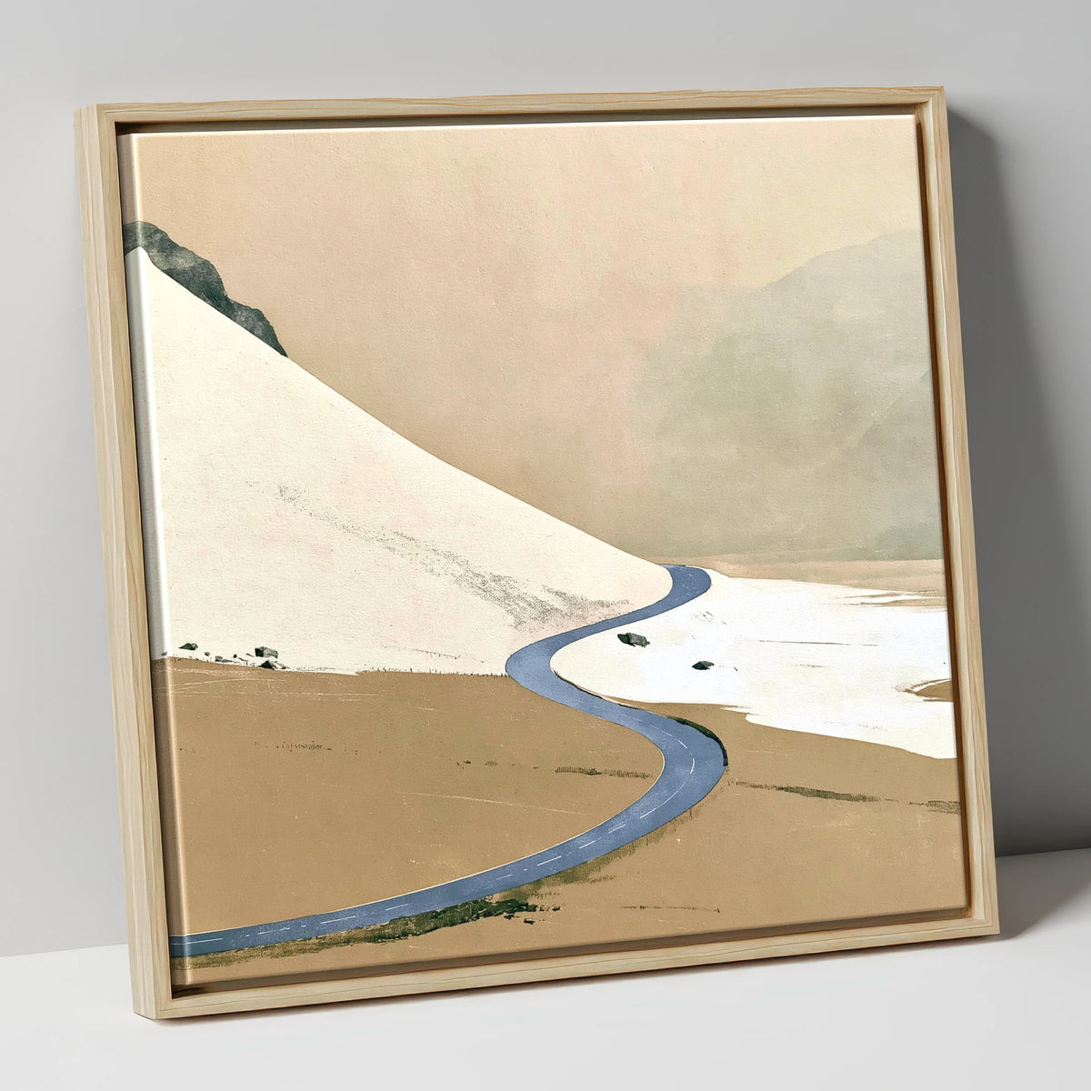 Winter Road through High Fells lake district valley canvas wall art in natural frame