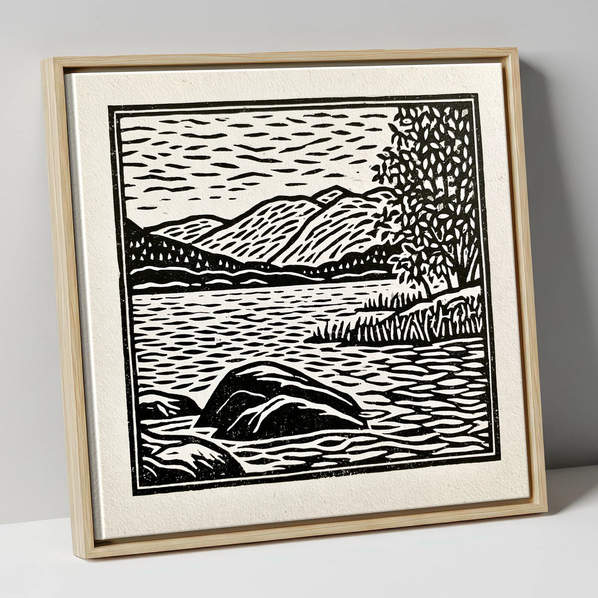 Monochrome Coniston Water Fells lake district lake canvas wall art in natural frame