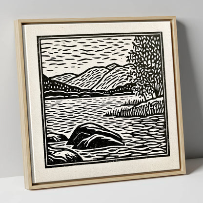 Monochrome Coniston Water Fells lake district lake canvas wall art in natural frame
