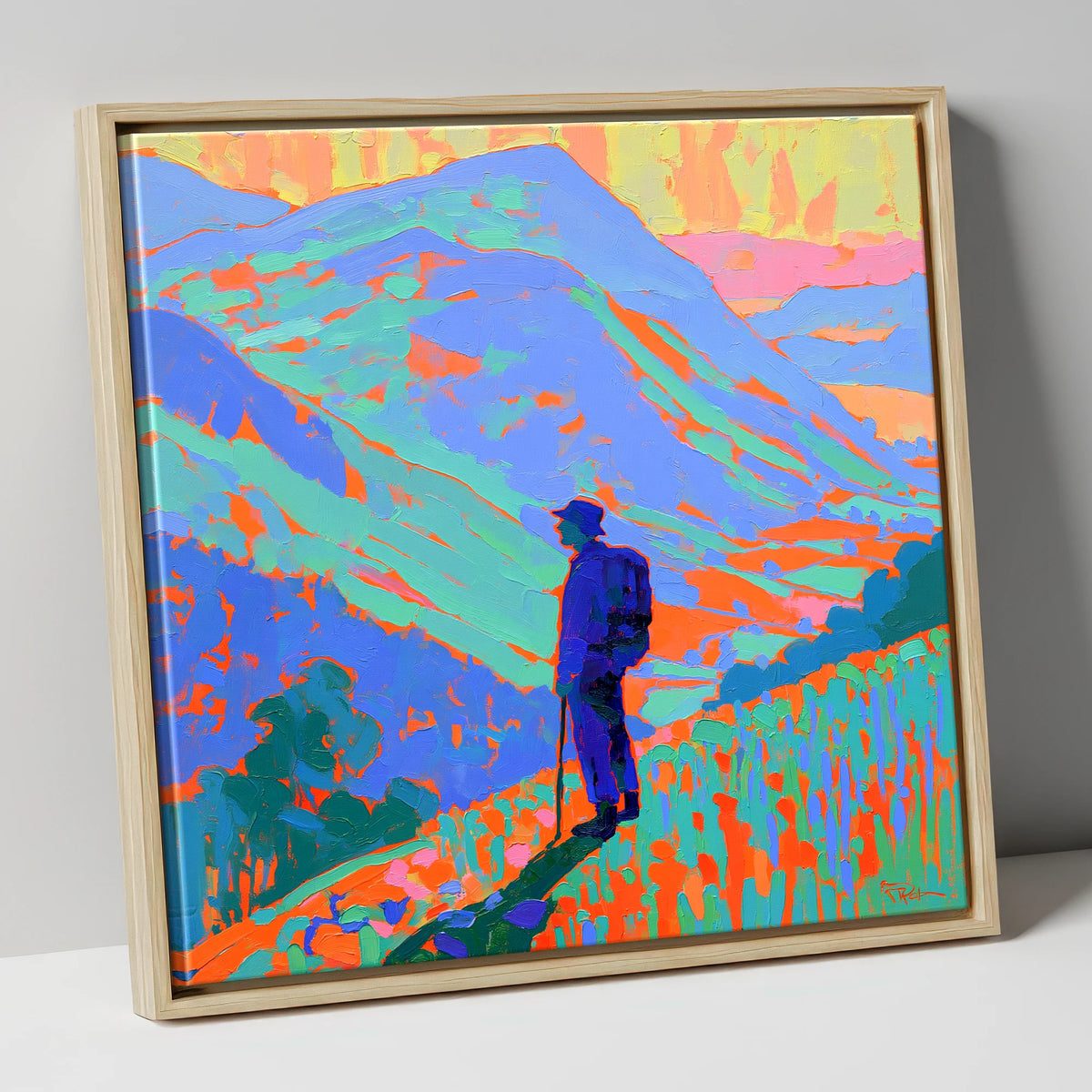 Vibrant Fell Walker Silhouette lake district walking canvas wall art in natural frame