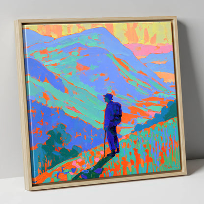 Vibrant Fell Walker Silhouette lake district walking canvas wall art in natural frame