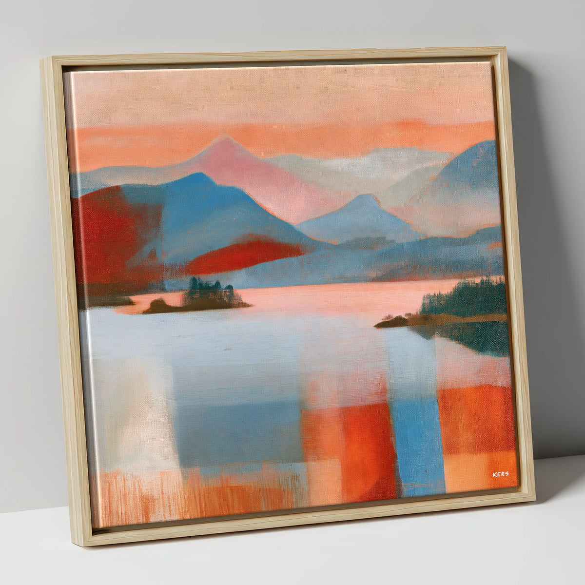 Abstract Derwentwater and Catbells Sunset lake district lake canvas wall art in natural frame