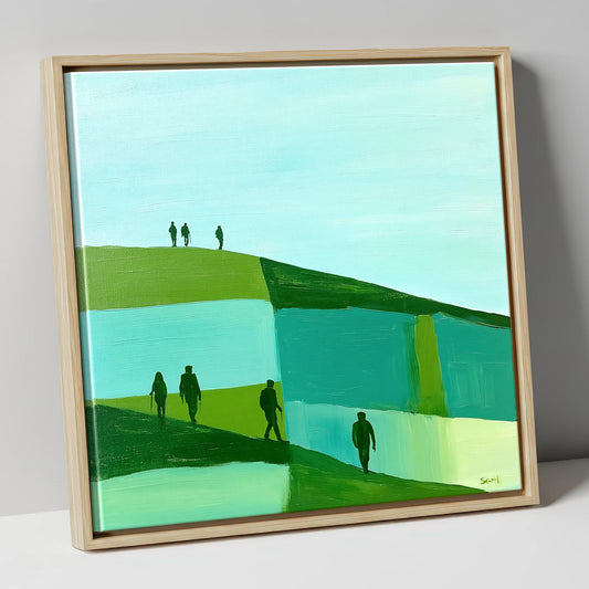 Abstract Teal Fell Walkers lake district fell canvas wall art in natural frame