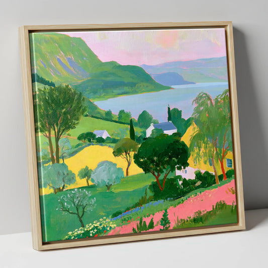 Vibrant Summer Lake and Fells lake district lake canvas wall art in natural frame