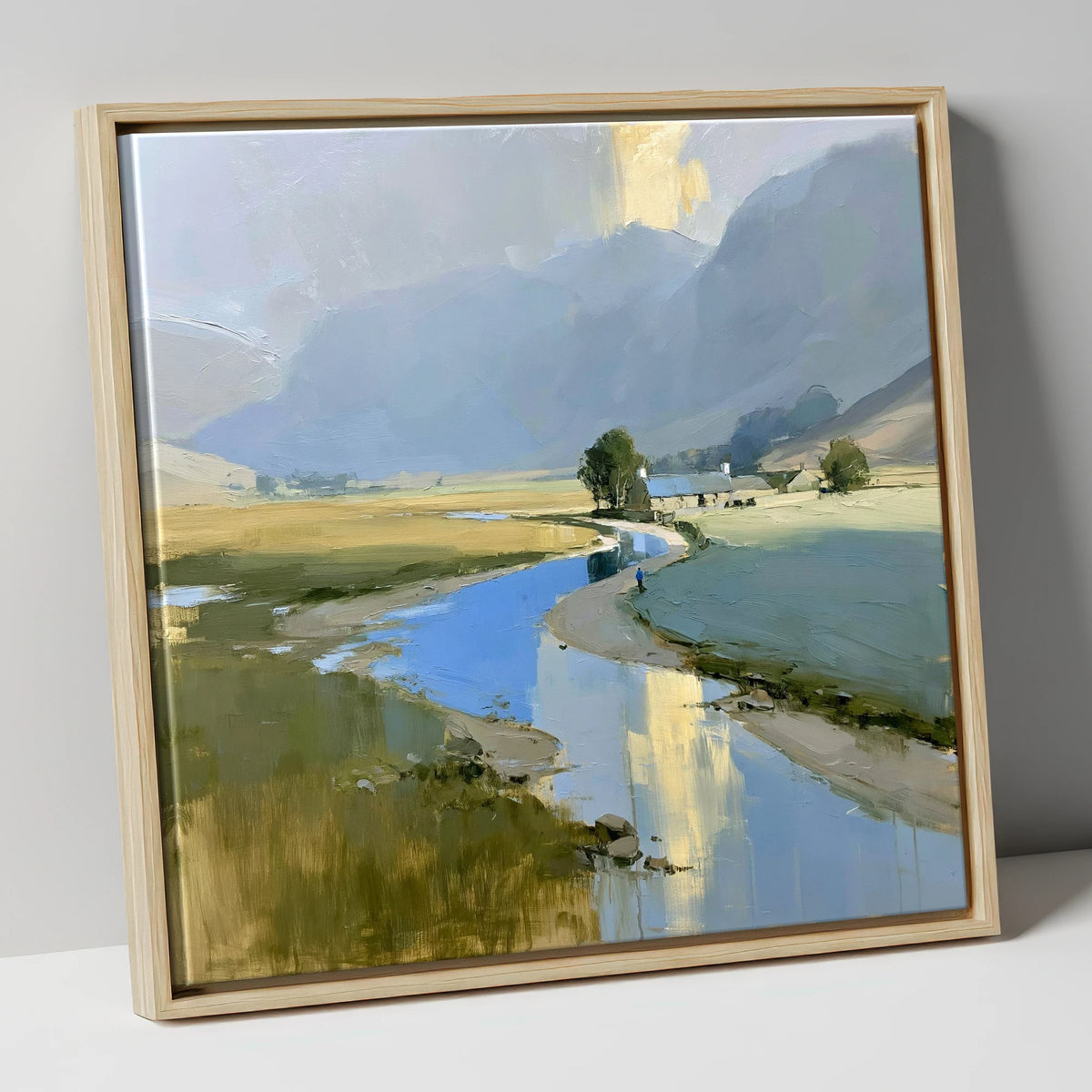 Golden Mist Over the Valley River lake district sky canvas wall art in natural frame