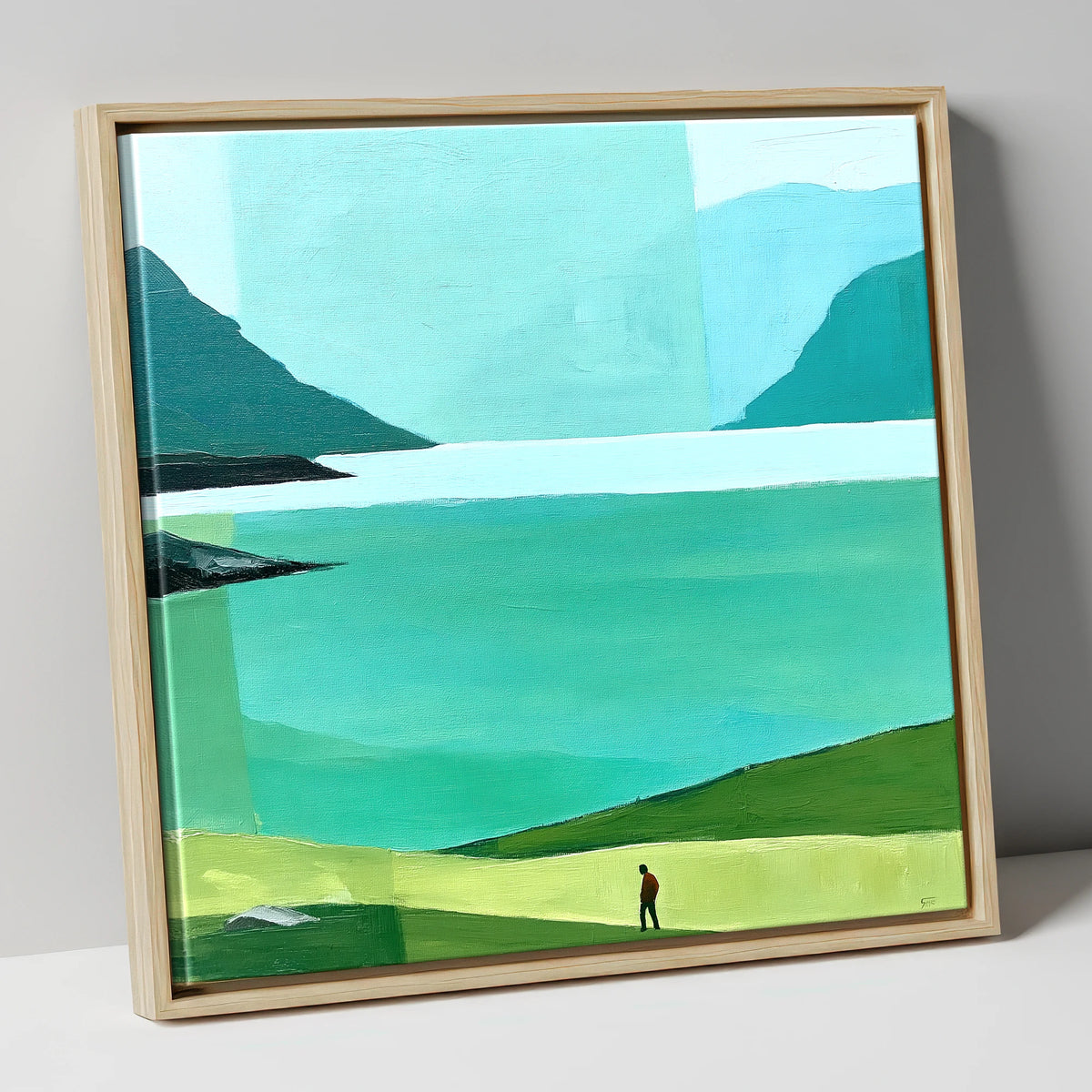 Teal Wastwater and Lone Walker lake district lake canvas wall art in natural frame