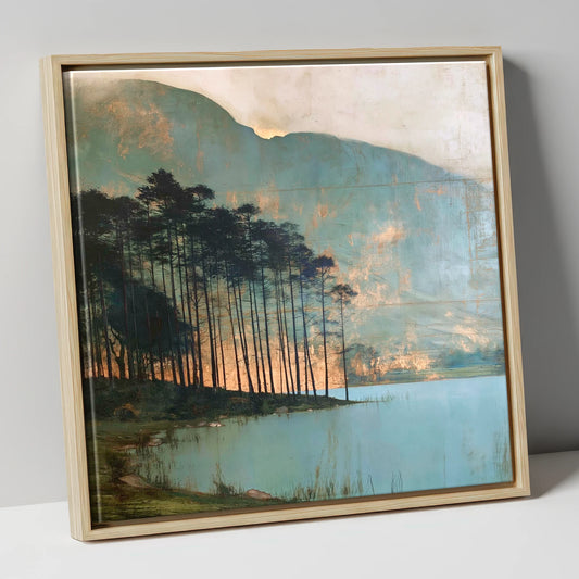 Buttermere Pines in Golden Light lake district lake canvas wall art in natural frame