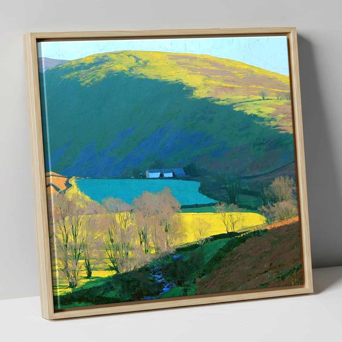 Vibrant Ling Fell Valley Farm lake district fell canvas wall art in natural frame