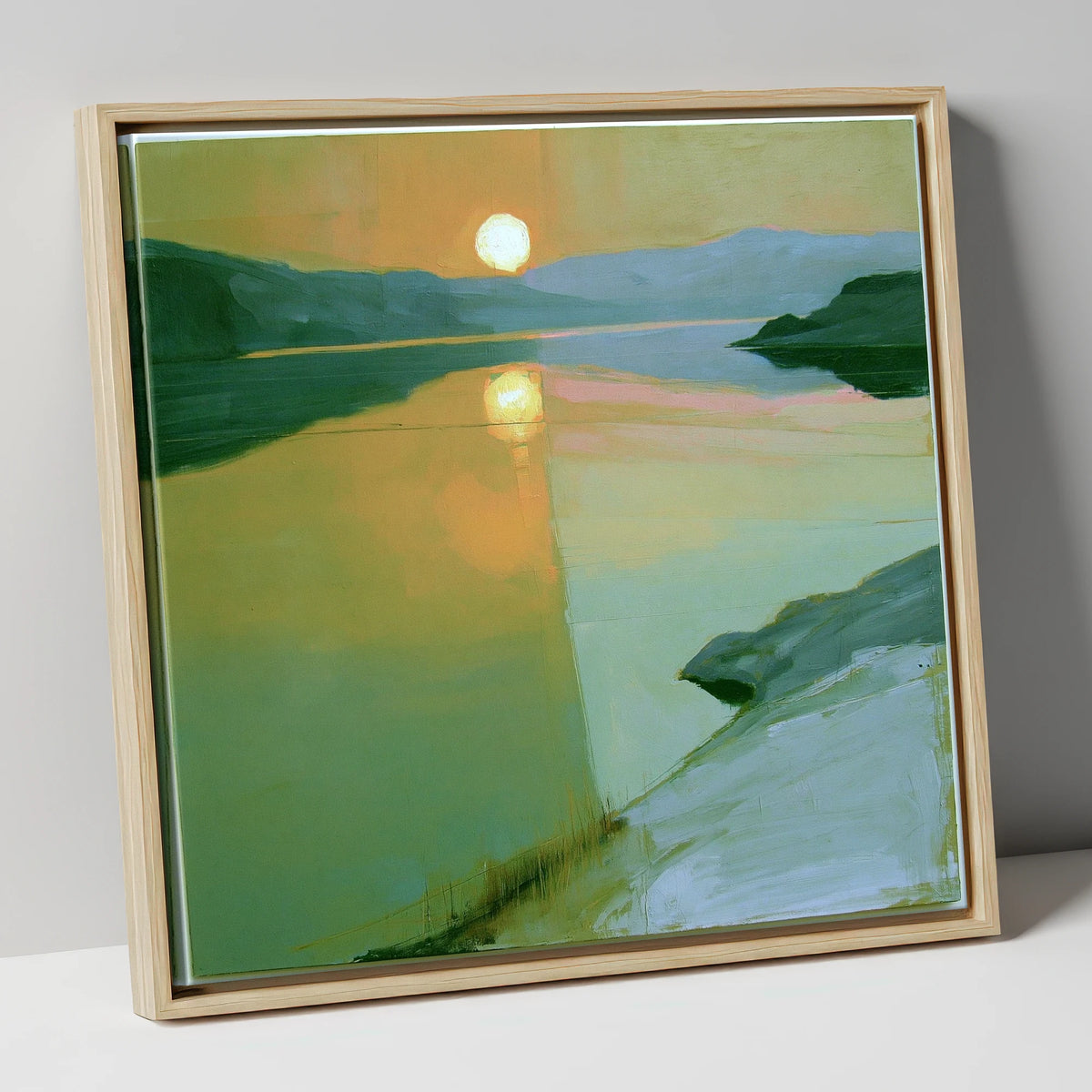 Lake Sunset in Sage Green lake district lake canvas wall art in natural frame