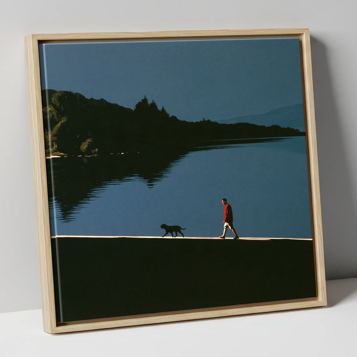 Coniston Water Dog Walk Silhouette gifts for dog walkers canvas wall art in natural frame