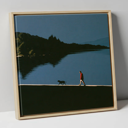 Coniston Water Dog Walk Silhouette gifts for dog walkers canvas wall art in natural frame