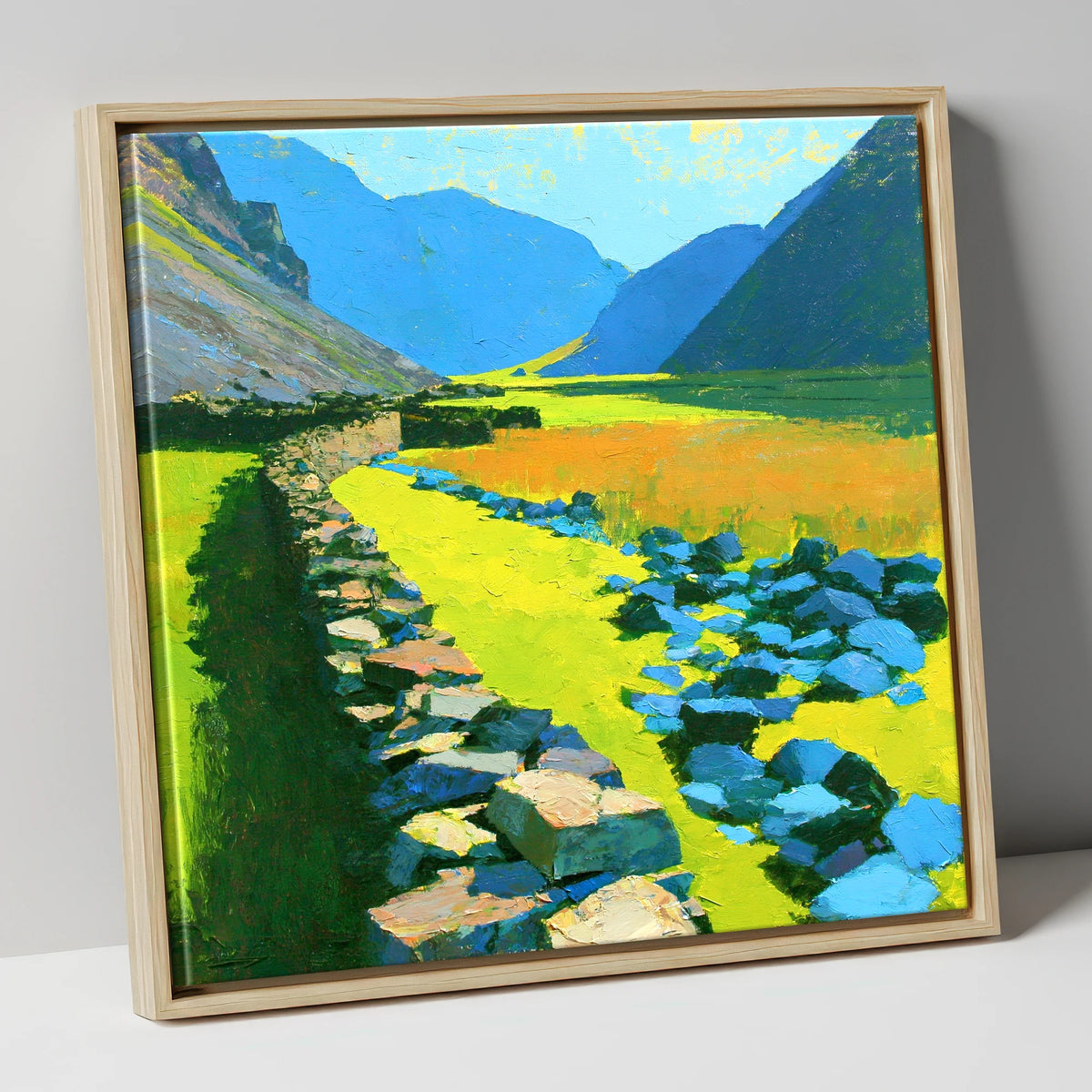 Sunlit Stone Wall and Blue Fells lake district valley canvas wall art in natural frame