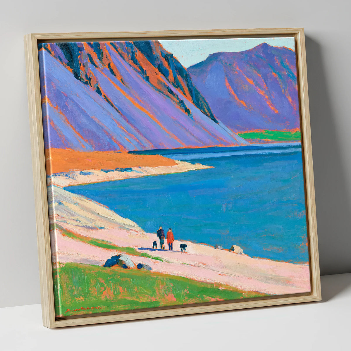 Colourful Wast Water Dog Walk gifts for dog walkers canvas wall art in natural frame