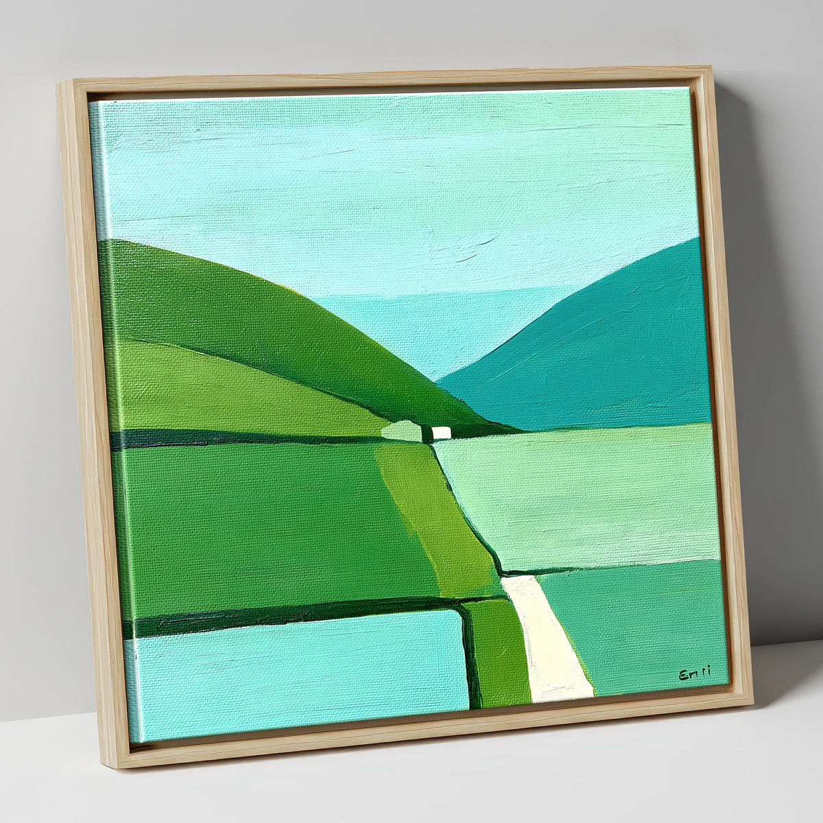 Geometric Green Valley Between Fells lake district valley canvas wall art in natural frame