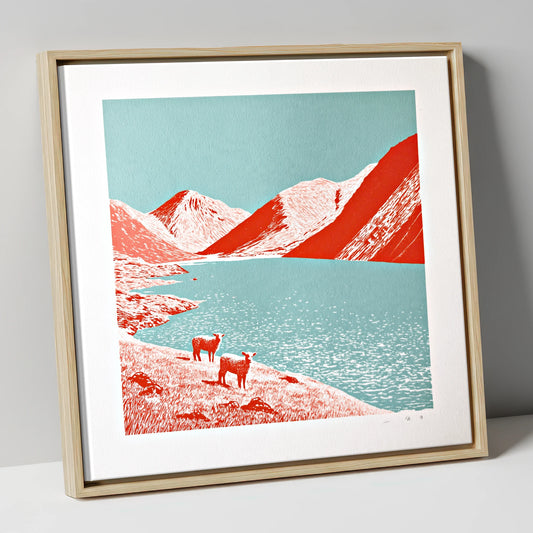 Wastwater Fells in Bold Red lake district lake canvas wall art in natural frame