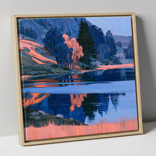 Calm Lake in Coral Light lake district lake canvas wall art in natural frame