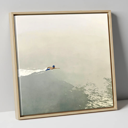 Open Water Swimmer in Morning Mist lake district walking canvas wall art in natural frame