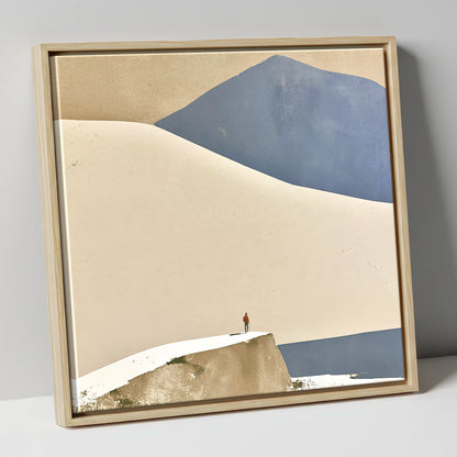 Lone Hiker Against Blue Fells lake district walking canvas wall art in natural frame