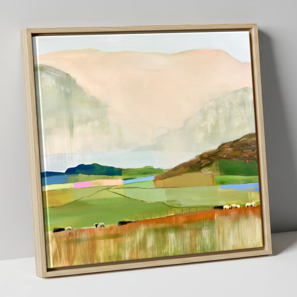 Abstract Fells And Valley Pastures lake district fell canvas wall art in natural frame