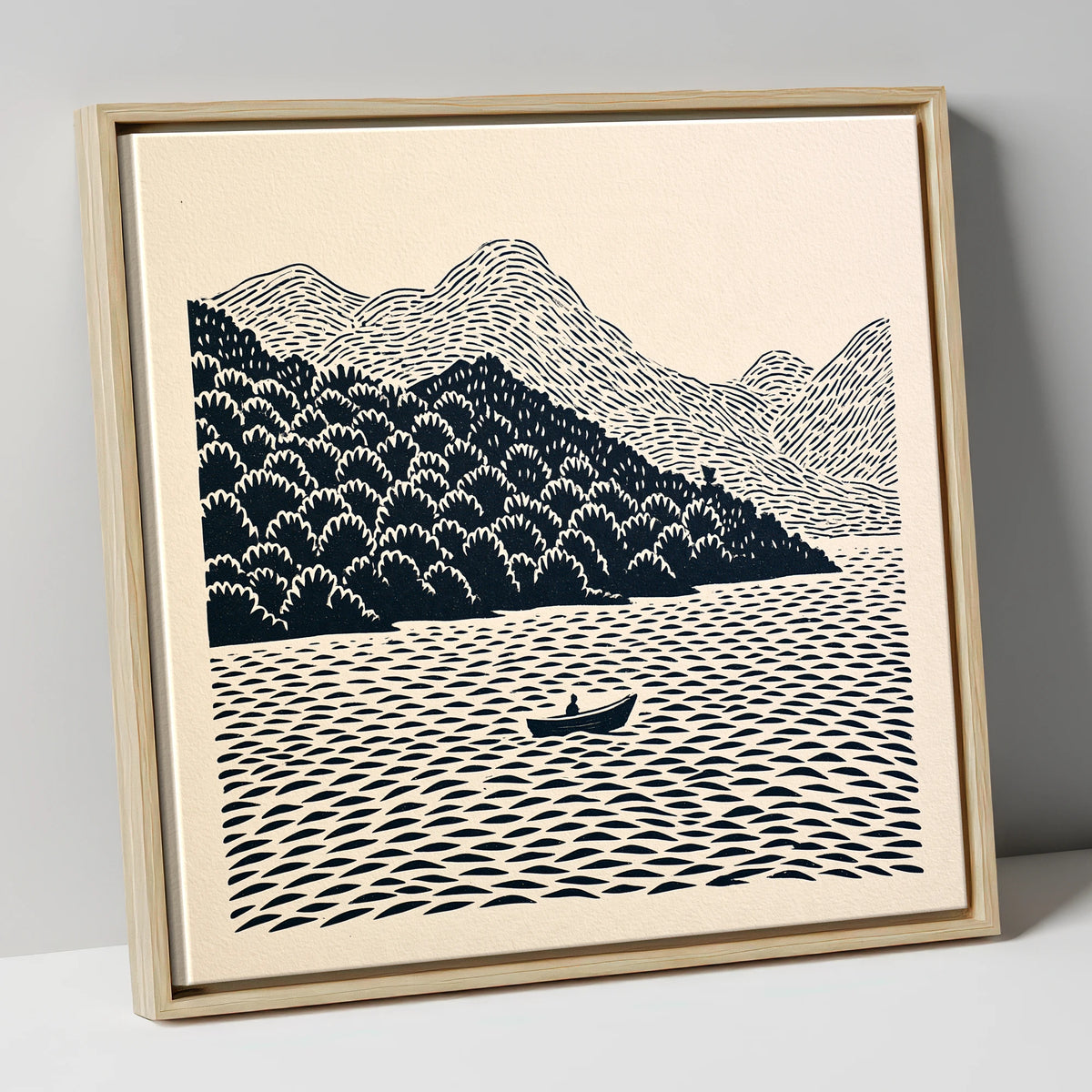 Rowing Boat Beneath Coniston Fells lake district lake canvas wall art in natural frame