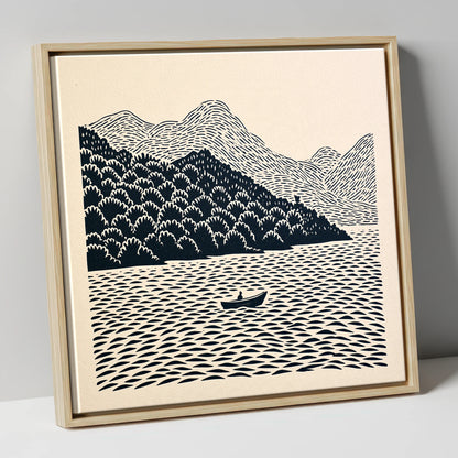 Rowing Boat Beneath Coniston Fells lake district lake canvas wall art in natural frame