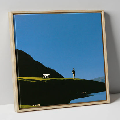 Silhouetted Glenridding Walker and Dog gifts for dog walkers canvas wall art in natural frame