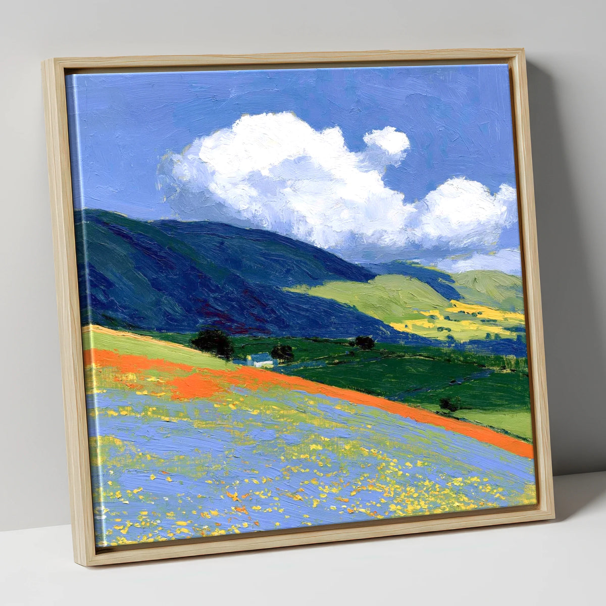 Rolling Fells Under Bright Clouds lake district fell canvas wall art in natural frame