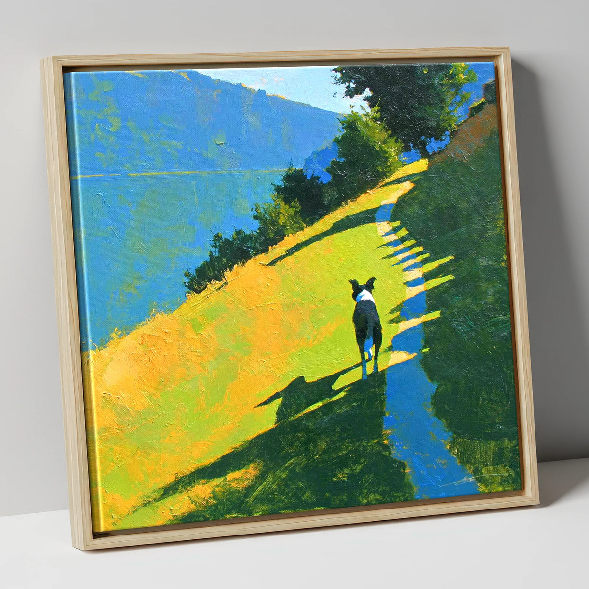 Collie on an Ambleside Path gifts for dog walkers canvas wall art in natural frame