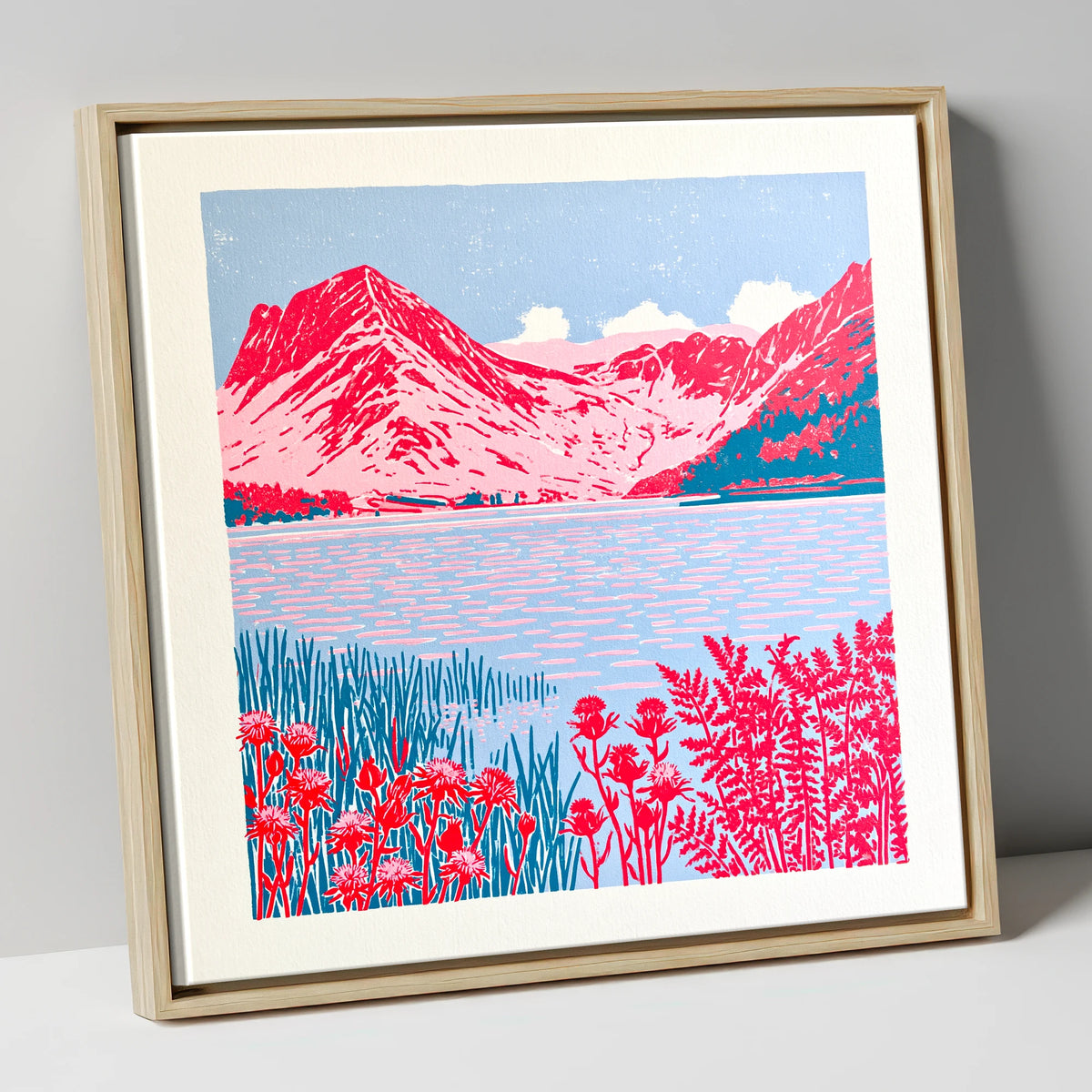 Bold Pink Fells of Buttermere lake district lake canvas wall art in natural frame