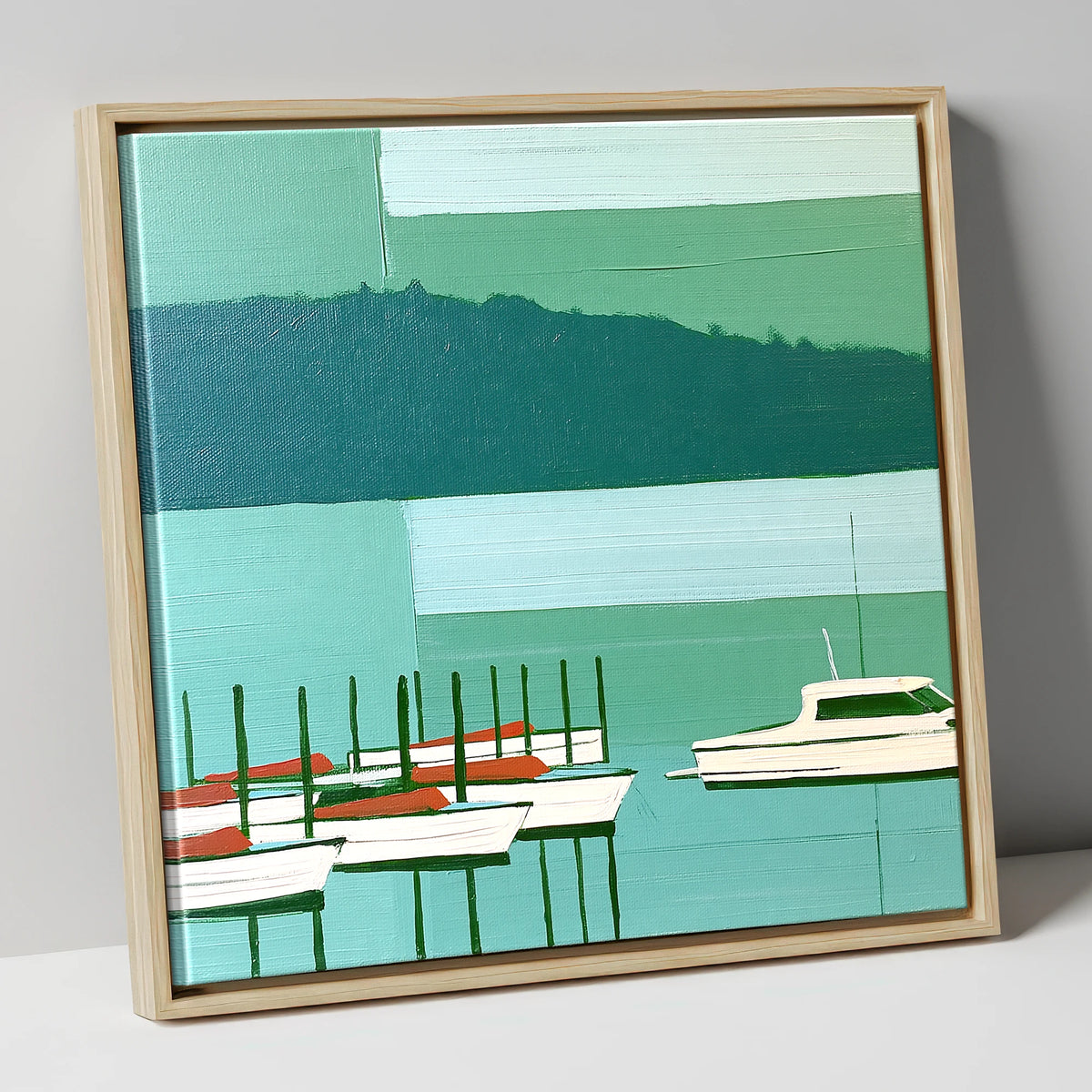 Moored Boats on a Teal Windermere lake district lake canvas wall art in natural frame