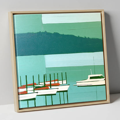 Moored Boats on a Teal Windermere lake district lake canvas wall art in natural frame