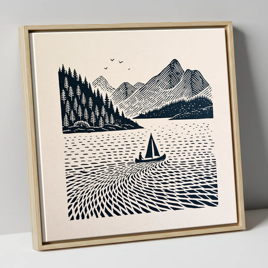 Dark Navy Derwentwater Sailing Scene lake district lake canvas wall art in natural frame