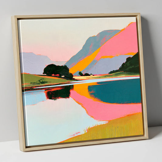 Vibrant Pink Lake At Dawn lake district lake canvas wall art in natural frame