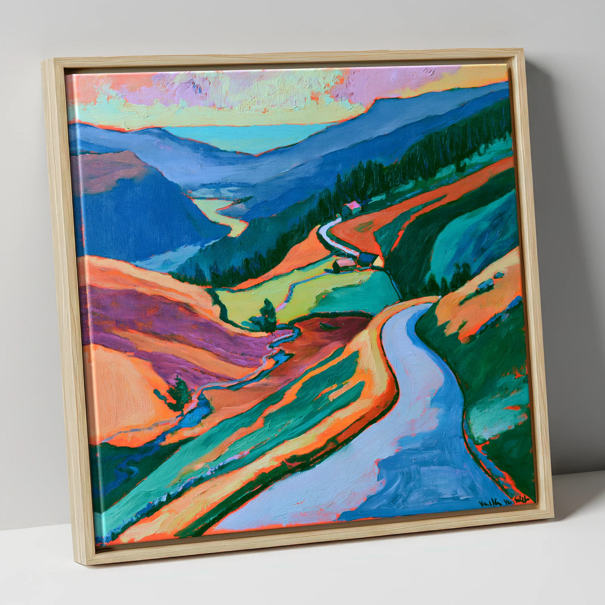 Mountain Pass Road in Vibrant Hues lake district valley canvas wall art in natural frame