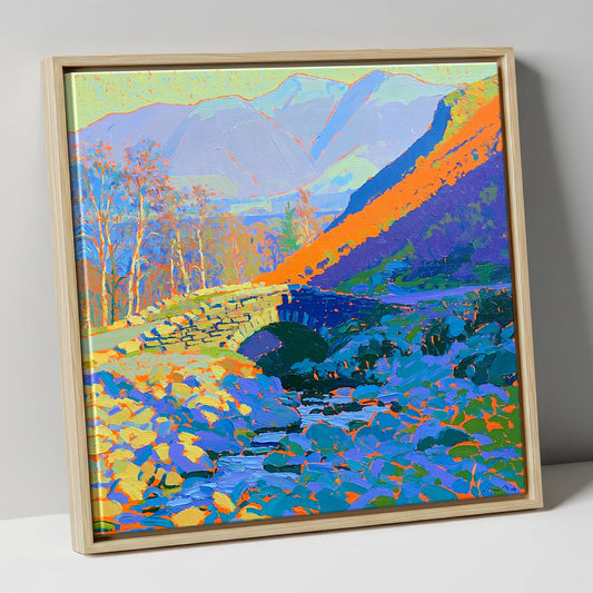 Ashness Bridge in Bold Colour lake district waterfall canvas wall art in natural frame
