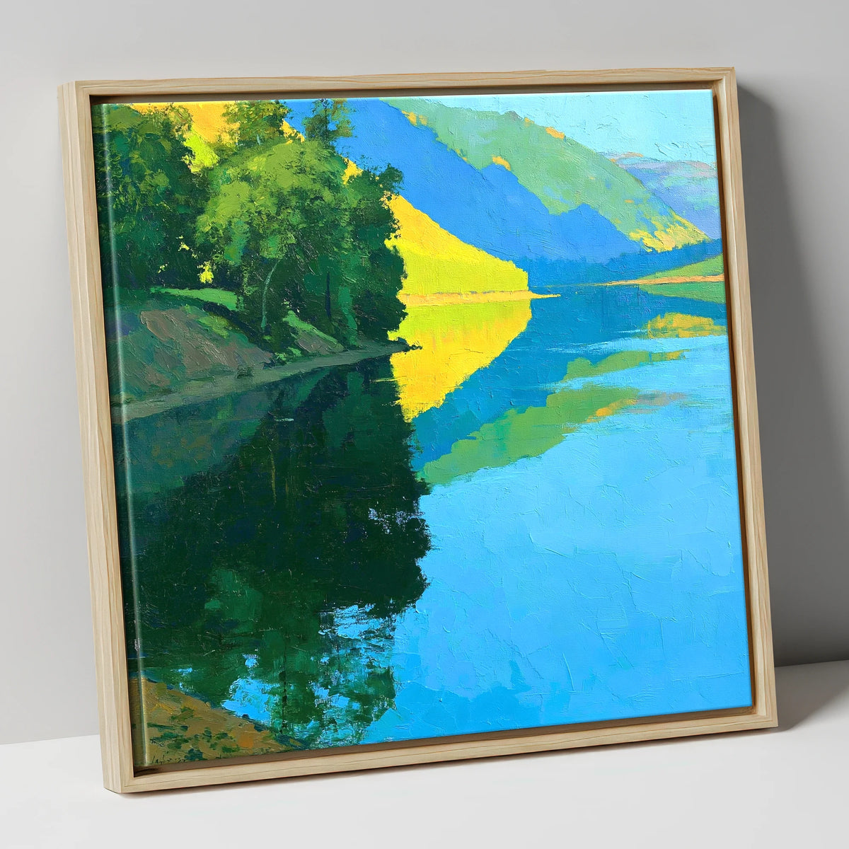 Sunlit Fells Reflecting in Cerulean Water lake district lake canvas wall art in natural frame