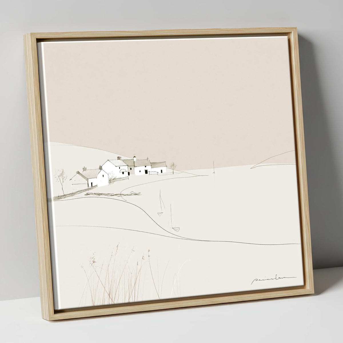 Minimalist White Lakeside Village lake district village canvas wall art in natural frame