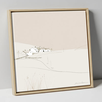Minimalist White Lakeside Village lake district village canvas wall art in natural frame