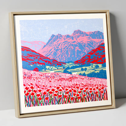 Vivid Meadows of Great Langdale lake district valley canvas wall art in natural frame