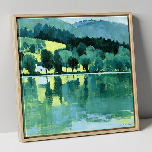 Vibrant Woods and Lake Reflections lake district lake canvas wall art in natural frame